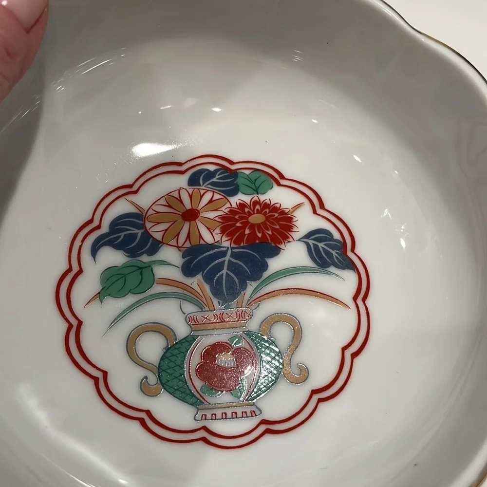 Vintage Arita Imari Fan Japanese Porcelain Candy Dish Bowl Scalloped Edge EUC